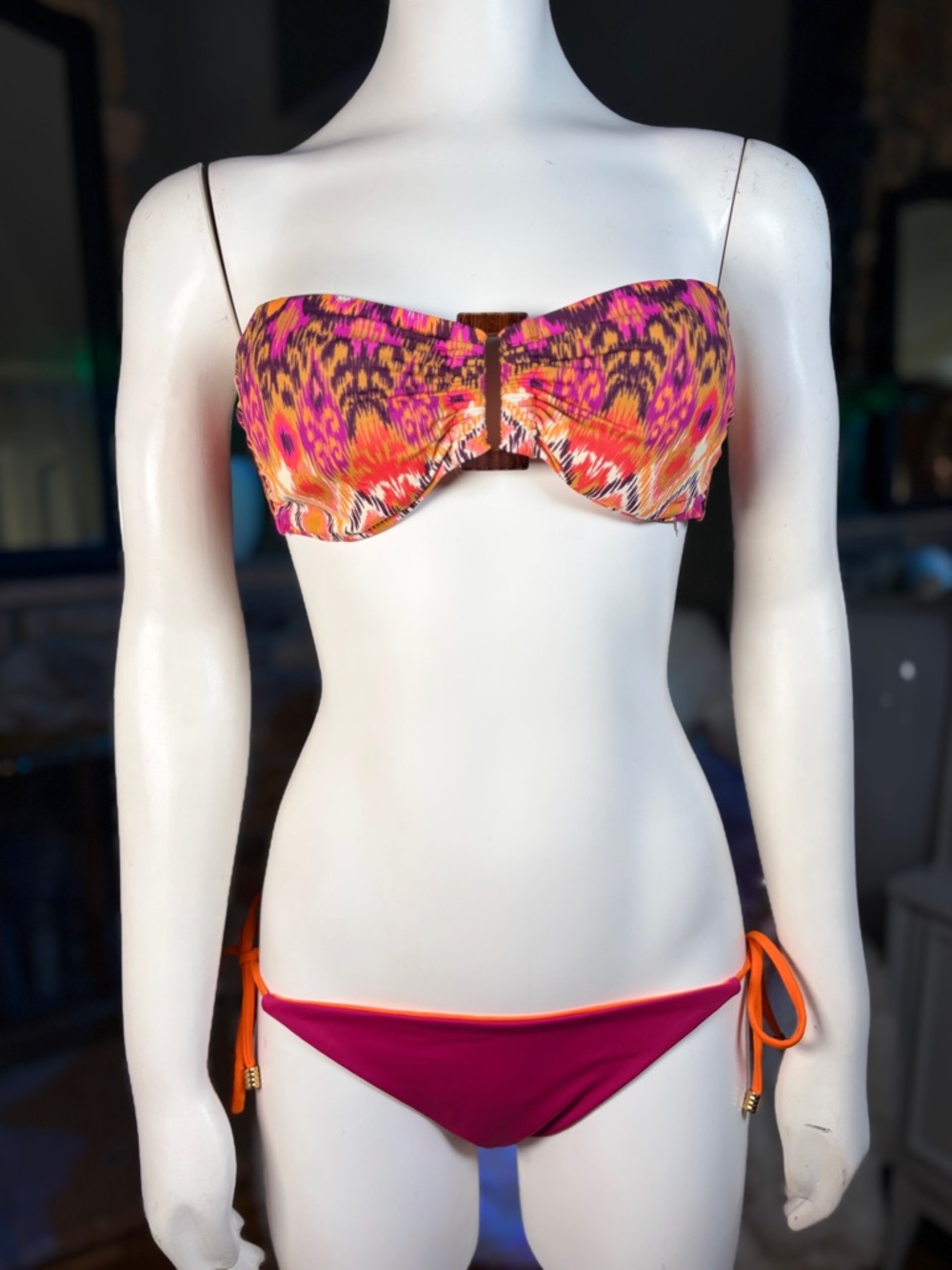 Heidi Klein Orange Multicolor Ikat 2-pc Bandeau Top Reversible Bikini, Sz M